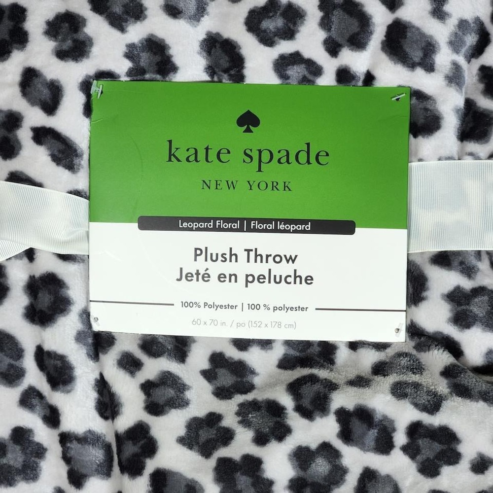 Kate Spade New York Leopard Floral Plush Throw Blanket Grey White 60x70 NEW